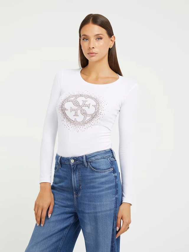Guess Ls Cn 4g Logo Tee Γυναικεία Μπλούζα Λευκή