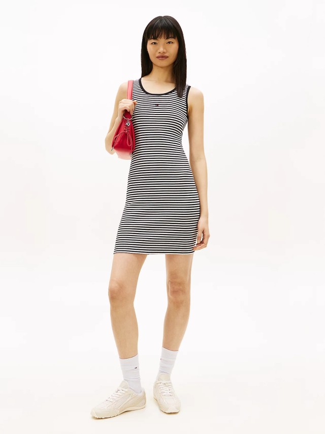 Tommy Hilfiger Tjw Essential Rib Bodycon Ext Γυναικείο Φόρεμα Ριγέ Εκρού Μαύρο