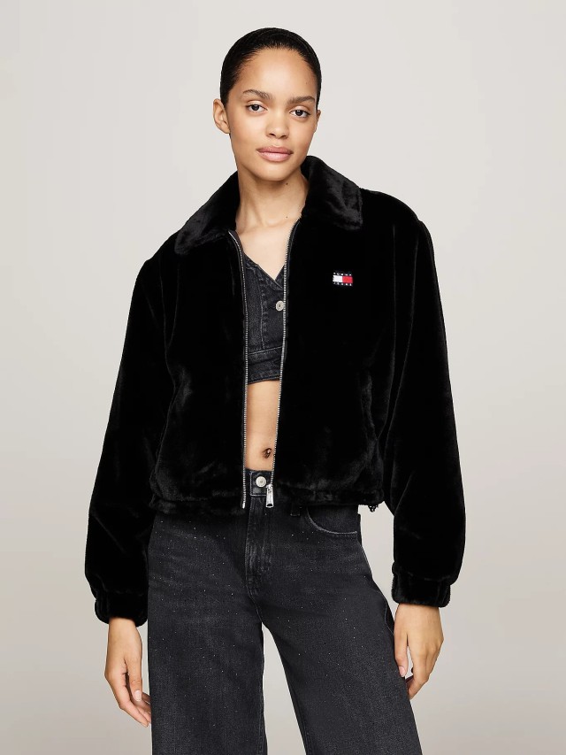 Tommy Hilfiger Tjw Faux Fur Jacket Γυναικείο Μπουφάν Γουνάκι Μαύρο