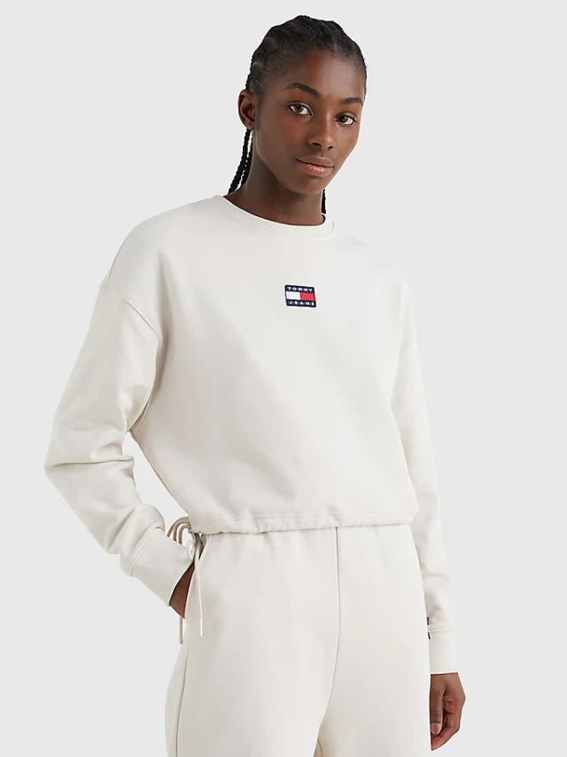 Tommy Hilfiger Tjw Bxy Crop Badge Drawstr Crew Γυναικειο Φουτερ Μπεζ
