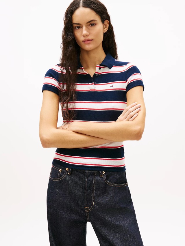 Tommy Hilfiger Tjw Slim Rib Ss Polo Γυναικεία Μπλούζα Polo Ριγέ Μπλε-Ασπρο