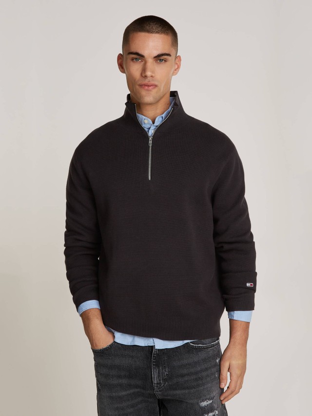 Tommy Hilfiger Tjm Reg Half Zip Sweater Ανδρικό Πλεκτό Μαύρο