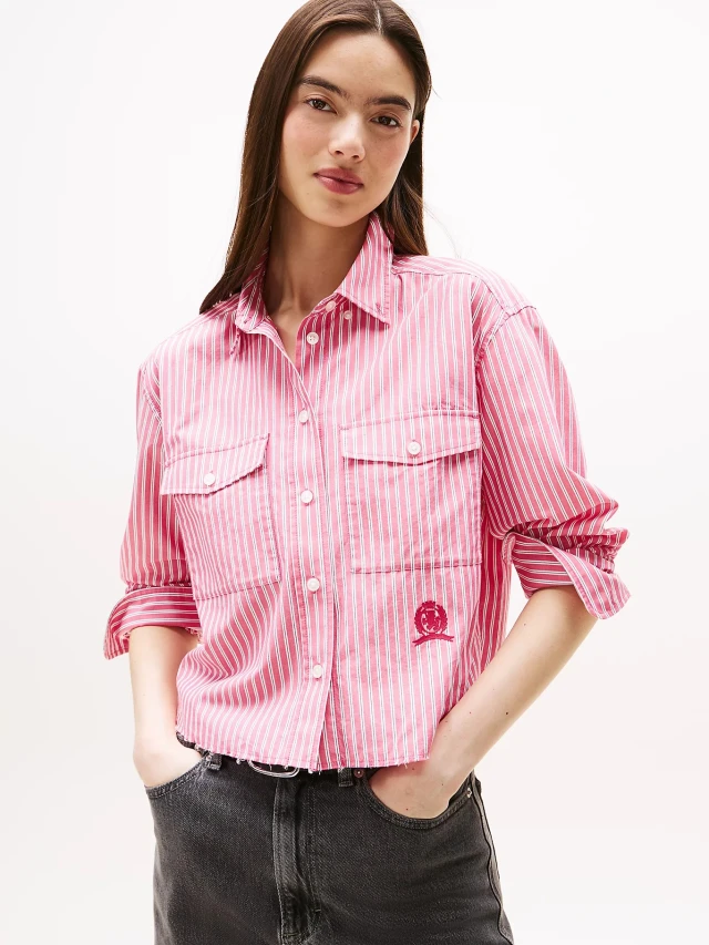 Tommy Hilfiger Tjw Crop Rlx Crest Shirt Γυναικείο Πουκάμισο Crop Ριγέ Κόκκινο Λευκό