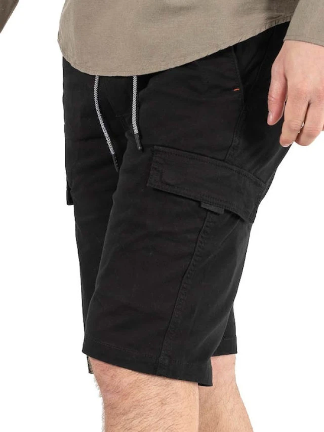 Rebase Mens Cargo Bermuda Elastic Waistband Ανδρικη Βερμουδα Cargo Μαυρο