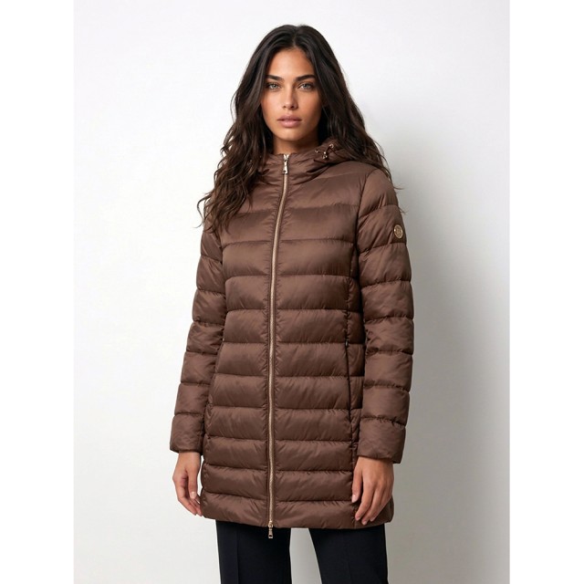 MarkUp Piumino Lungo In Satin Con Cappuccio Γυναικείο Πουπουλένιο Μπουφάν Καφέ