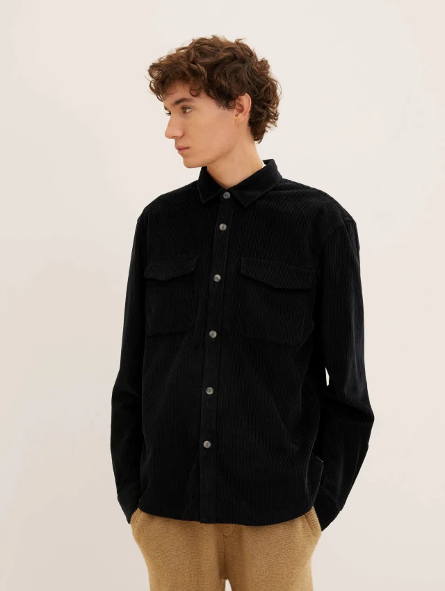 Tom Tailor Relaxed Corduroy Ανδρικό Κοτλέ Πουκάμισο Μαύρο