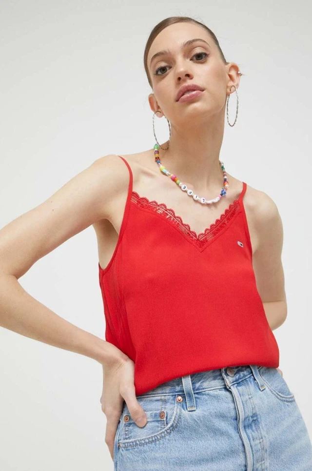 Tommy Hilfiger Tjw Essential Lace Strappy Top Γυναικεια Μπλουζα Κόκκινη