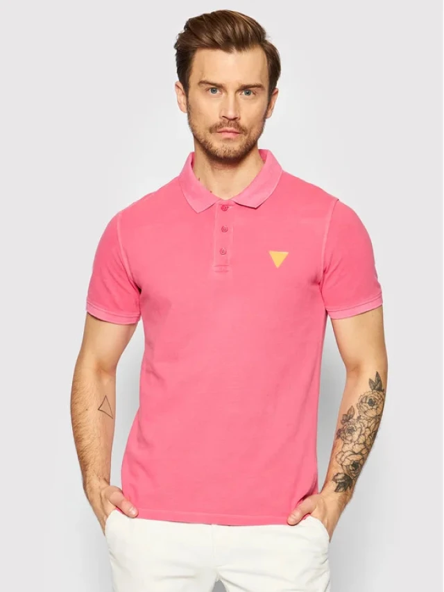 Guess Polo S/S Ανδρικη Μπλουζα Polo Ροζ