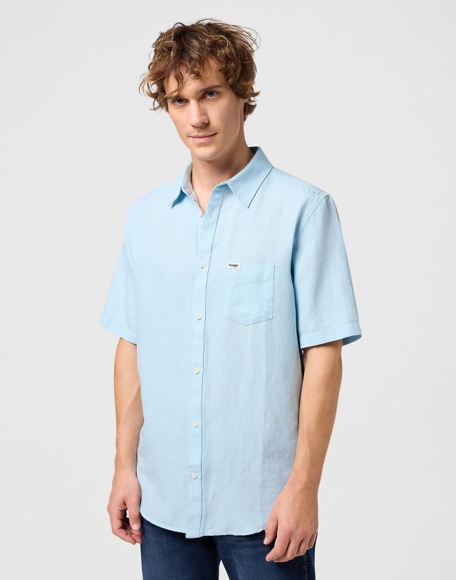 Wrangler Ss 1 Pkt Shirt Dream Blue Ανδρικό Πουκάμισο Λινο Σιελ