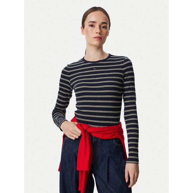 Tommy Hilfiger Tjw Slim Essential Rib Ls Γυναικεια Μπλουζα Μακρυμανικη Ριγε Μπλε-Λευκό
