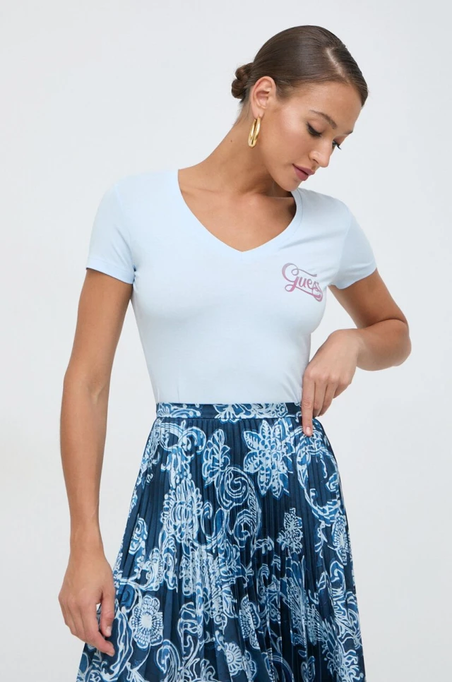 Guess Ss Vn Shaded Glittery Tee Γυναικεία Μπλούζα Σιελ
