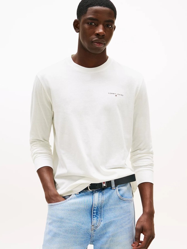 Tommy Hilfiger Tjm Slim Chest Linear Ls Tee Ext Ανδρική Μπλούζα Εκρού