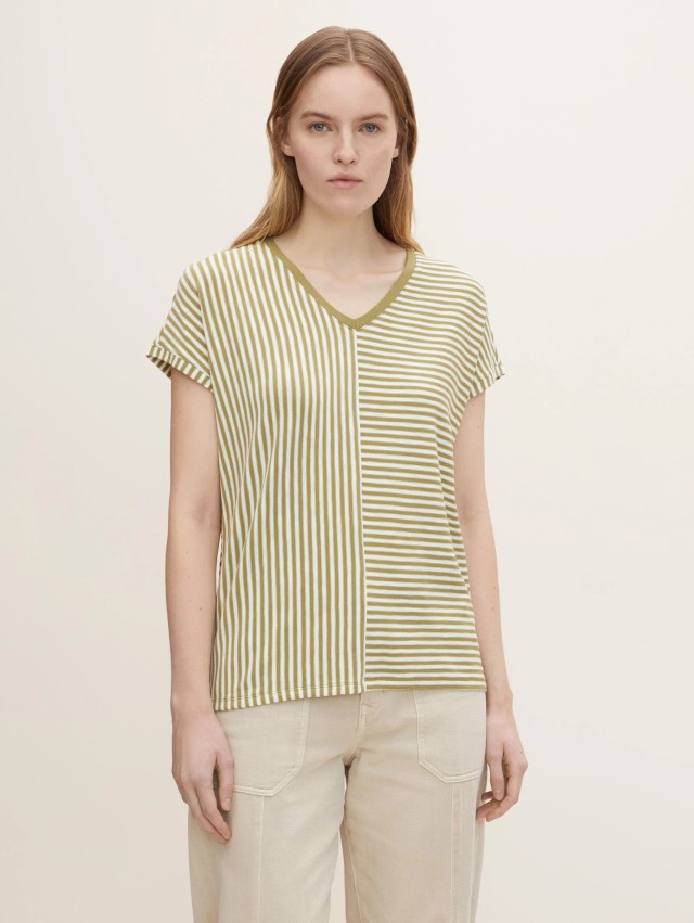 Tom Tailor 203 T-Shirt V- Γυναικεια Μπλουζα Ριγε Λαδι