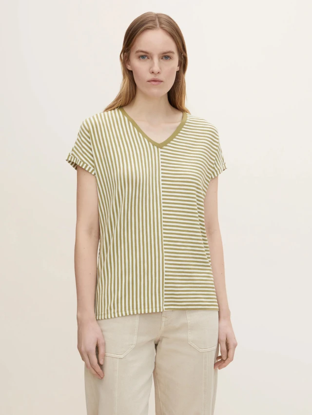 Tom Tailor 203 T-Shirt V- Γυναικεια Μπλουζα Ριγε Λαδι