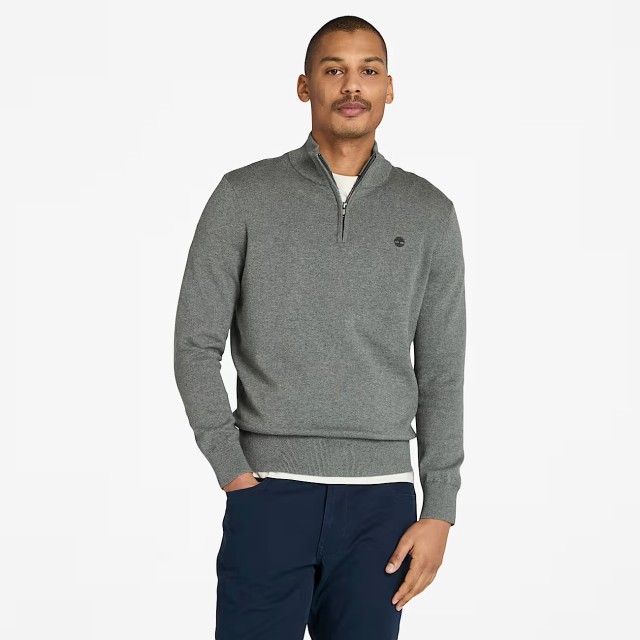 Timberland Williams River Cotton Yd 1/4 Zip Sweater Dark Grey Ht-Obsidian Ανδρικό Πλεκτό Γκρι