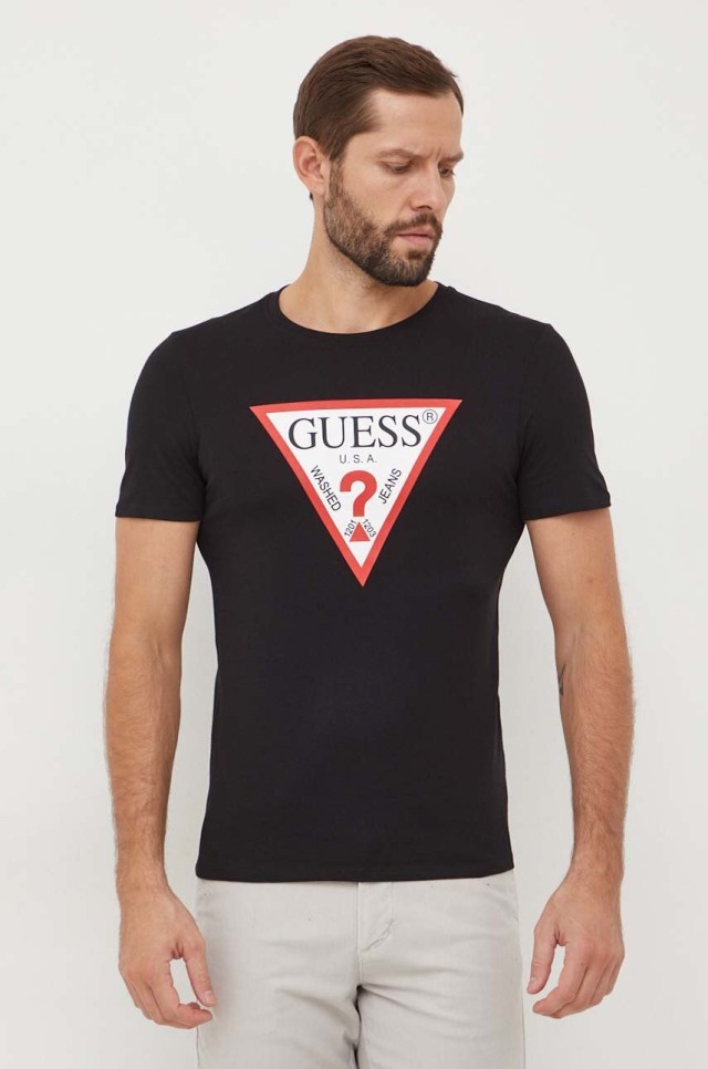 Guess Cn Ss Original Logo Tee Ανδρική Μπλούζα Μαύρη