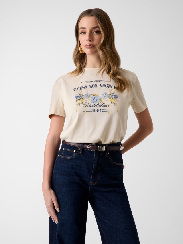 Guess Ss Cn Flowers Guess Box Tee Γυναικεία Μπλούζα Μπεζ
