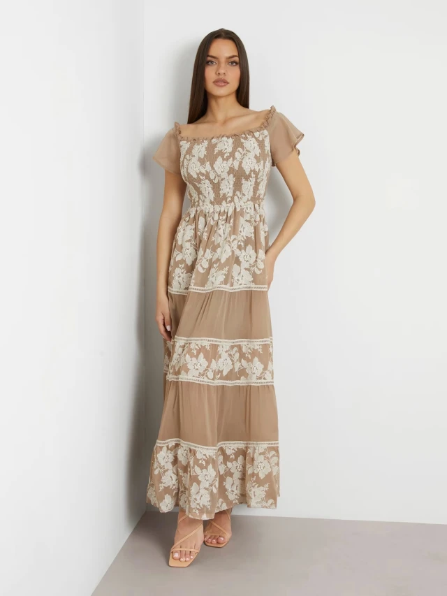 Guess Ss Giuditta Embro Long Dress Γυναικείο Φόρεμα Nude