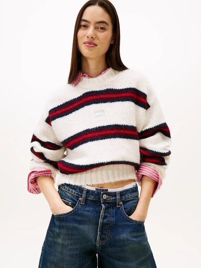 Tommy Hilfiger Tjw Essential Crew Sweater Ext Γυναικείο Πλεκτό Ριγέ Εκρού
