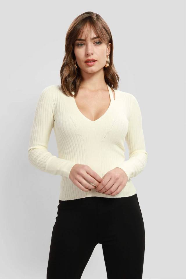 Guess Ls Vn Aline Swtr Γυναικείο Πλεκτό Εκρού