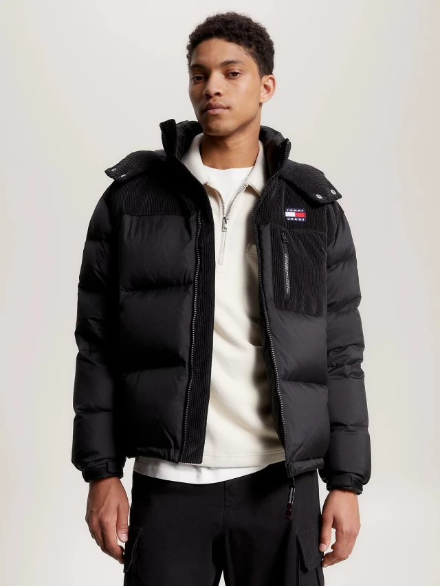 Tommy Hilfiger Tjm Cord Mix Alaska Puffer Ανδρικο Μπουφαν Μαύρο