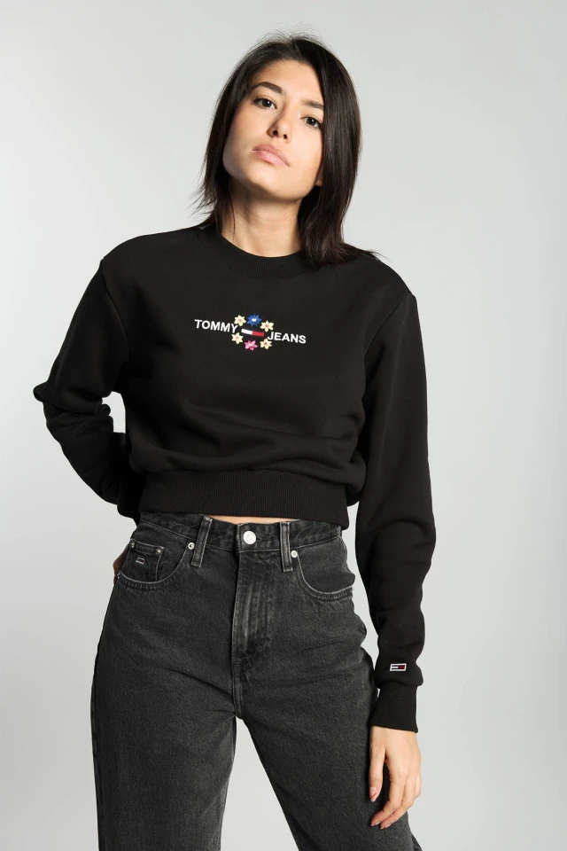 Tommy Hilfiger Tjw Crop Floral Linear Crew Neck Γυναικειο Φουτερ Μαυρο