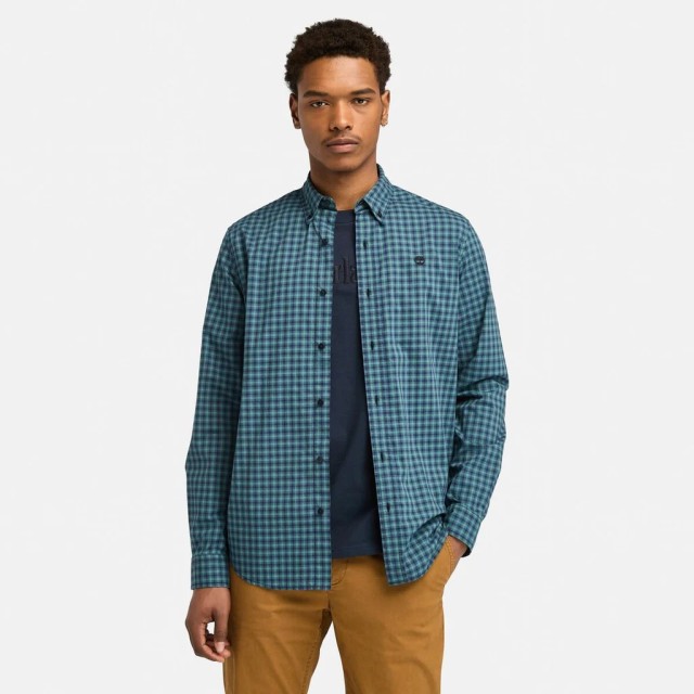 Timberland Stretch Poplin Gingham Shirt Dark Sapphire Yd Ανδρικό Πουκάμισο Καρό Μπλε