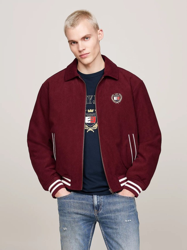 Tommy Hilfiger Tjm Crest Cord Letterman Jacket Ανδρικό Μπουφάν Κοτλε Μπορντό