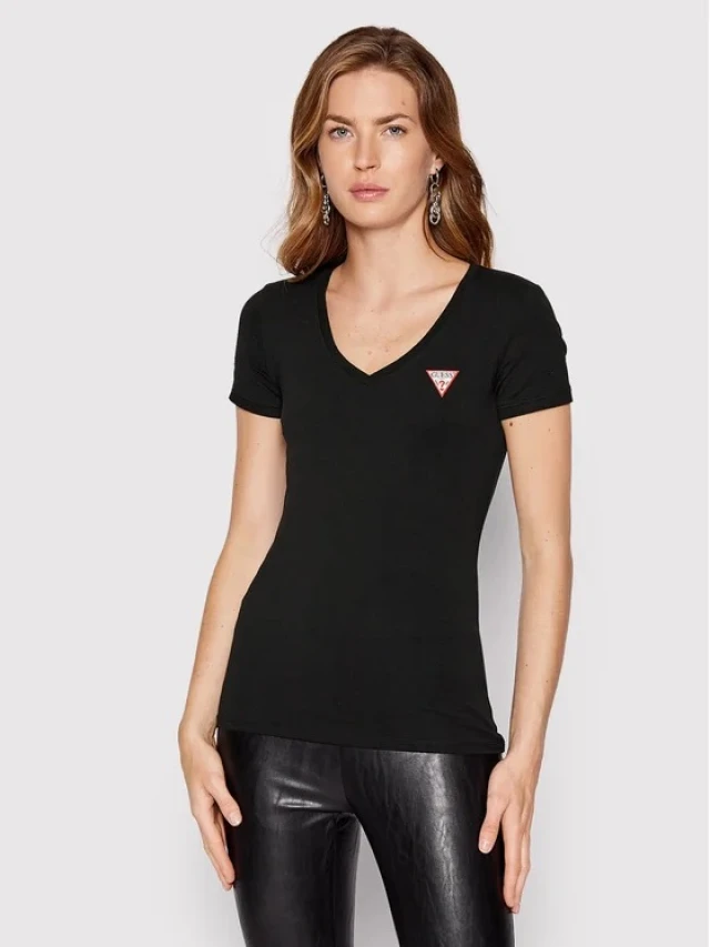 Guess Ss Vn Mini Triangle Tee Γυναικεία Μπλουζα Μαύρη