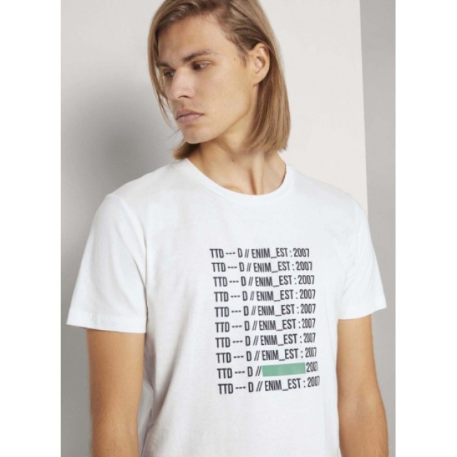 Tom Tailor 1St 101 Crewneck T-Shirt With Pr Μπλουζα Ανδρικο Εκρου Λευκο