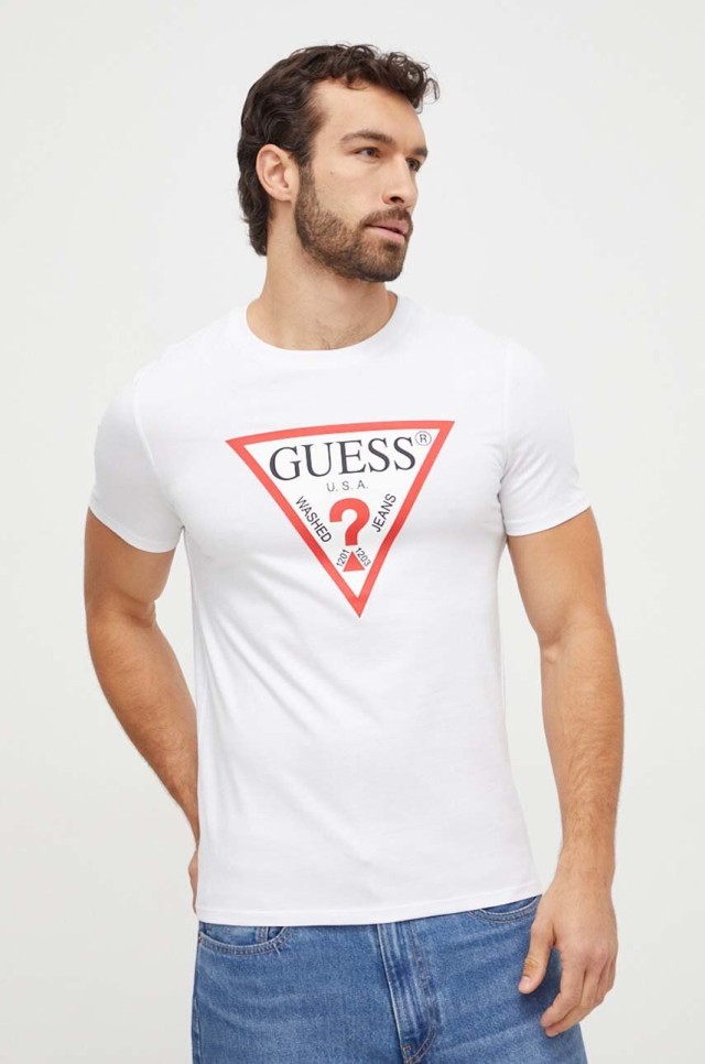 Guess Cn Ss Original Logo Tee Ανδρική Μπλούζα Λευκή