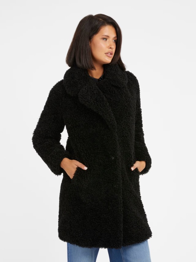 Guess New Alina Coat Γυναικεία Γουνα Μαυρη