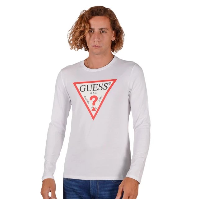 Guess Cn Ls Original Logo Tee Ανδρικh Μπλουζα Λευκη