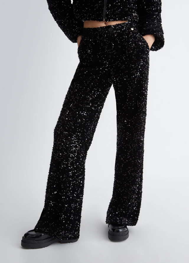 Liu Jo White 2nd Mf3c36 Pant. Velluto + Paillettes Γυναικεία Παντελόνι Μαύρο