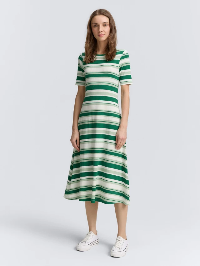 Τom Tailor Block Stripe Mid Γυναικείο Midi Φόρεμα Ριγέ Πράσινο