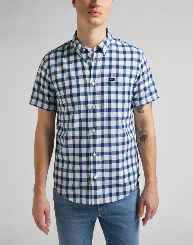 Lee Button Down Ss Washed Blue Ανδρικο Πουκαμισο Καρο Μπλε Λευκο