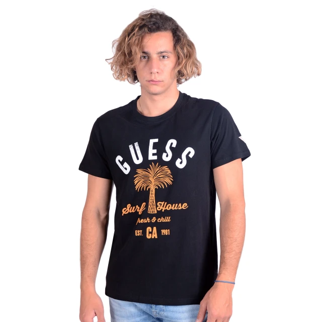 Guess Surf House Cn Ss Tee Ανδρικη Μπλουζα Μαυρη