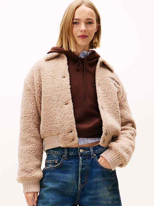 Tommy Hilfiger Tjw Teddy Varsity Bomber Γυναικείο Μπουφάν Γουνα Μπεζ