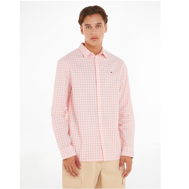 Tommy Hilfiger Tjm Clsc Essential Check Shirt Ανδρικό Πουκάμισο Καρό Λευκο Ροζ