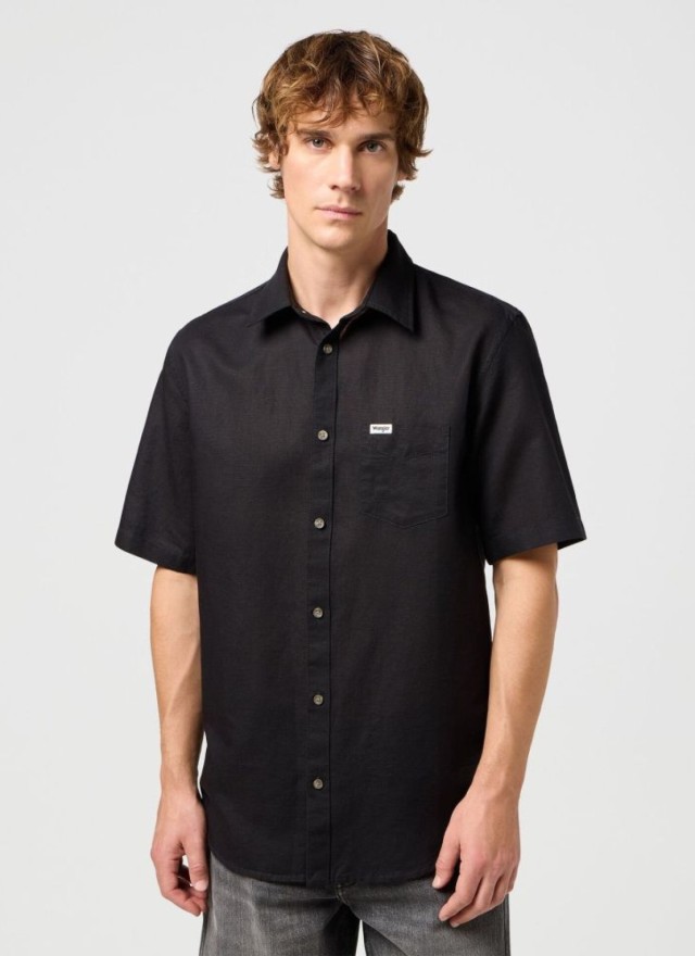Wrangler Ss 1 Pkt Shirt Black Beauty Ανδρικό Πουκάμισο Λινο Μαύρο